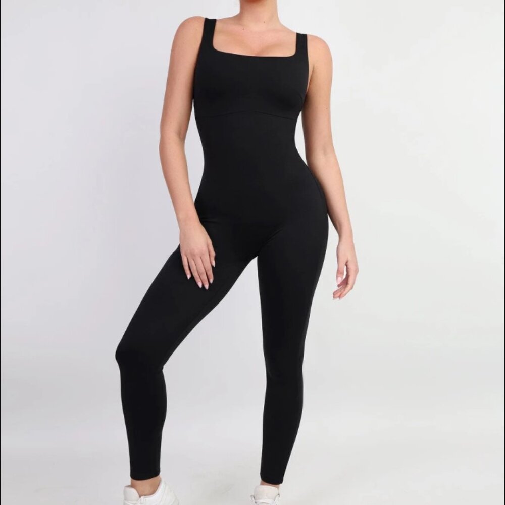 Popilush Shapewear Square Neck Thigh Slimming Workout Jumpsuit Black Small